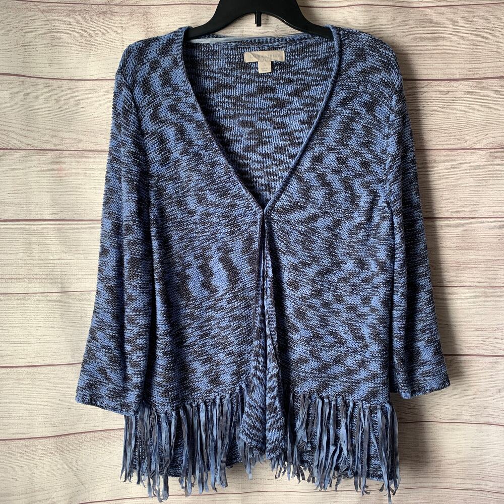 Laura Ashley Blue Cardigan Sweater with Fringe Tassels 3/4 Sleeves Size Large